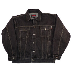 VTG FUBU Mens Black Heavy Denim Jacket Button 90s Hip Hop Streetwear XXL 2XL EUC